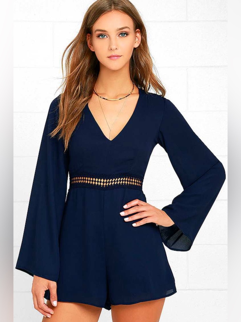 Lulus Hope So Navy Bell Sleeve Romper Crochet Waist Long Sleeve Wyldr - Large